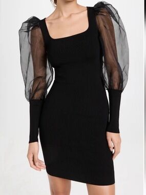 Alice + Olivia Black Sheer Puff-Sleeve Knit Mini Dress